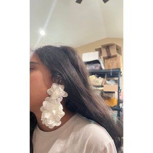 White flower earrings , huge feathered large Snow White big long fabric floral